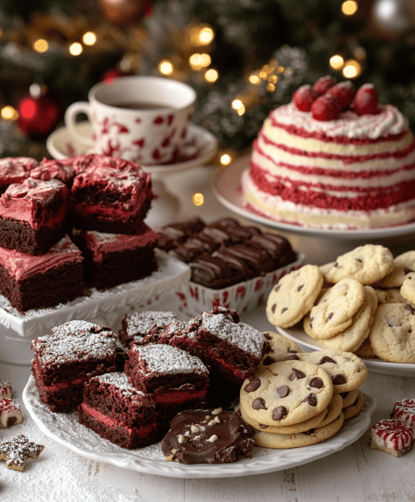 A dessert table featuring Betty Crocker brownies, cookies, red velvet cake, and chocolate chip cookies, all beautifully arranged.