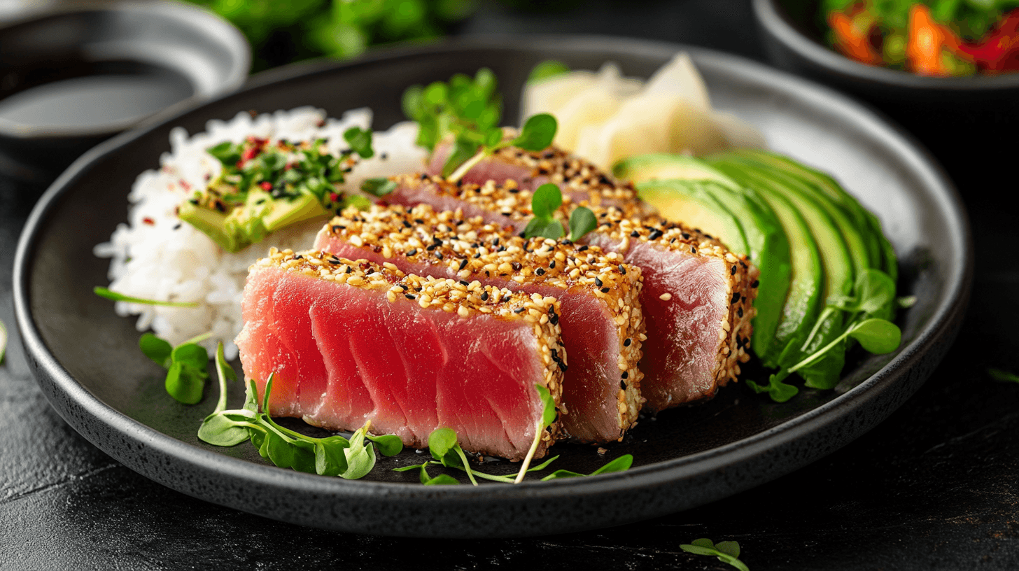 A beautifully plated ahi tuna dish with sesame-crusted tuna slices, a vibrant pink center, garnished with avocado, microgreens, and a drizzle of soy-ginger glaze, served on a dark ceramic plate