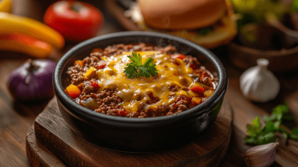 A variety of ground beef dishes, including tacos, burgers, and soup, displayed on a rustic wooden table.