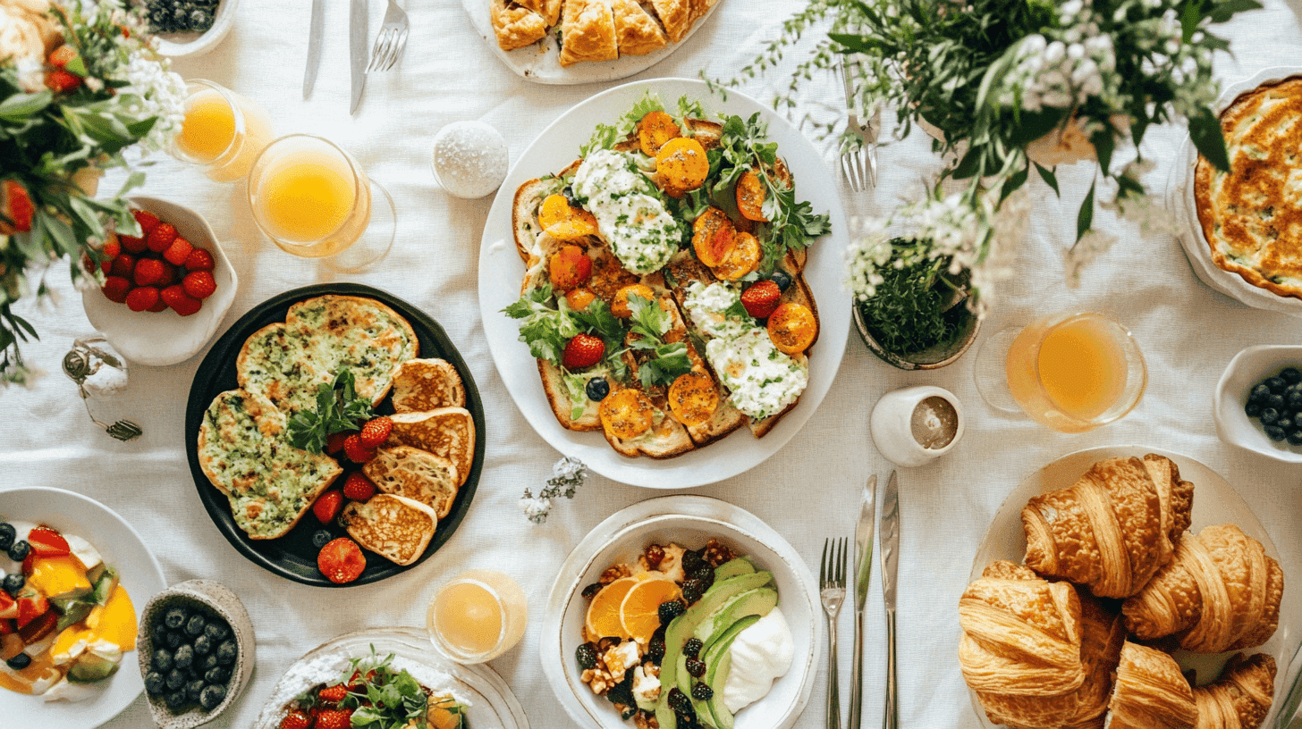 brunch ideas spread with sweet and savory dishes