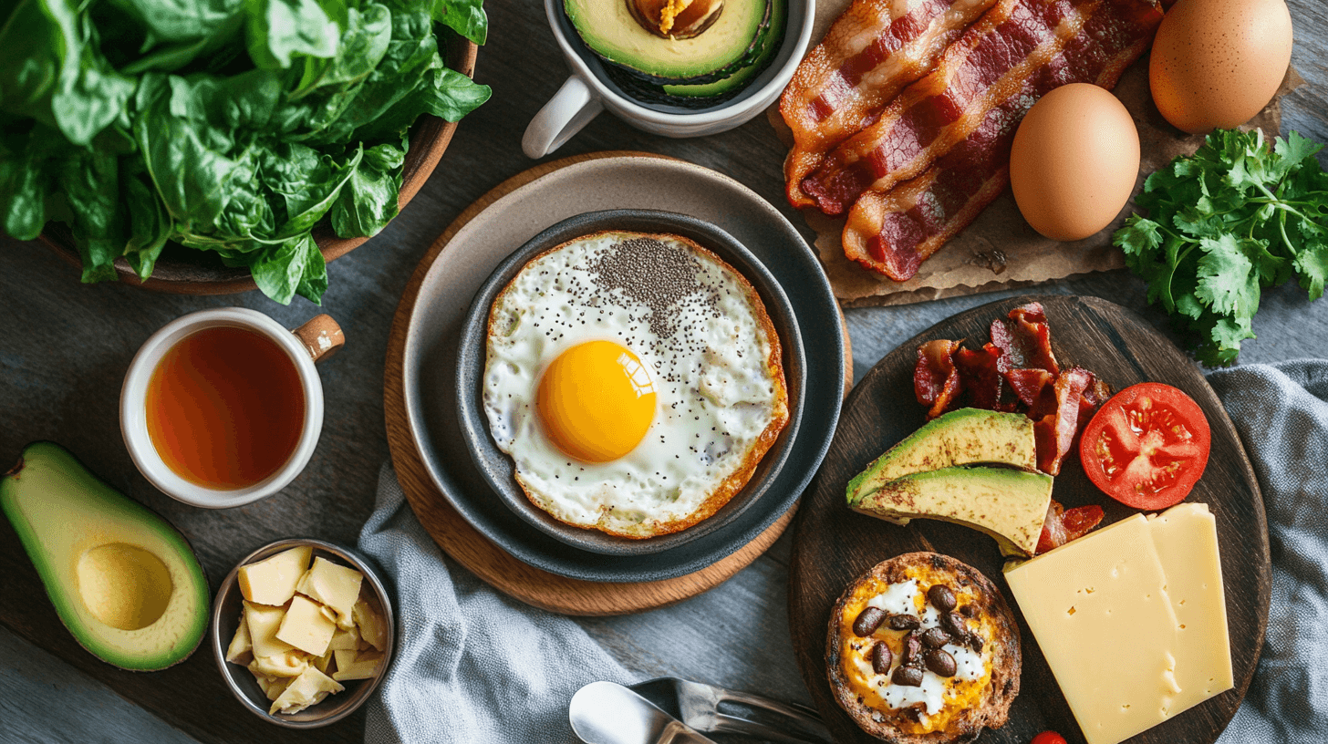 ketogenic diet breakfast spread with eggs and avocado