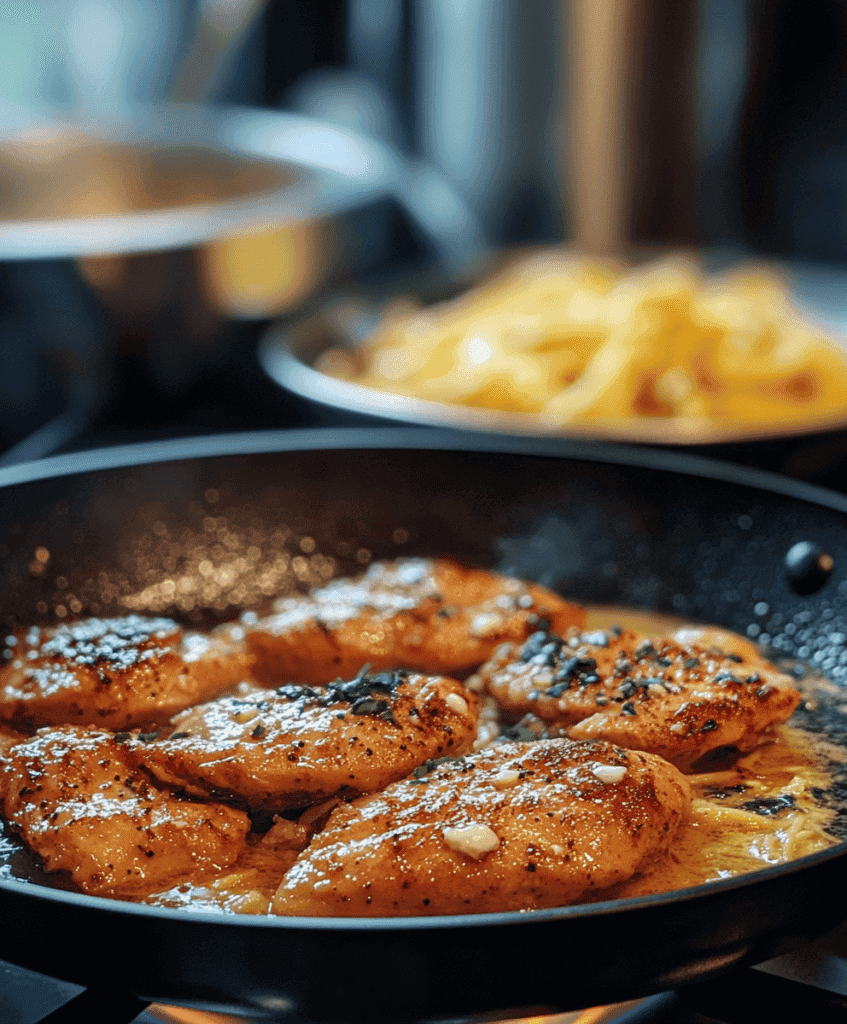 Chicken searing in a skillet with garlic, preparing for Garlic Parmesan Chicken Pasta.