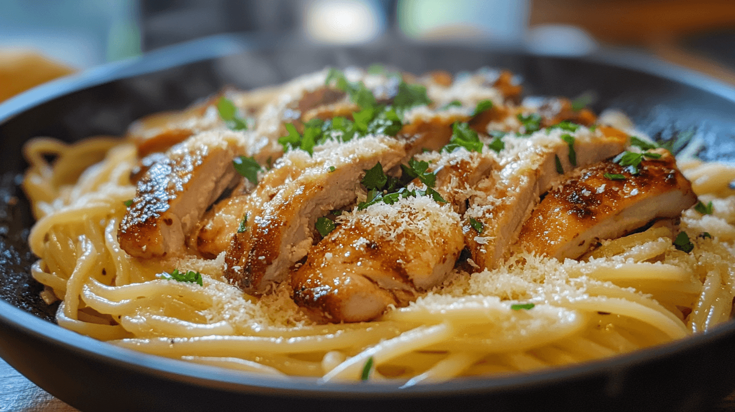 Garlic Parmesan Chicken Pasta served with fresh parsley and parmesan