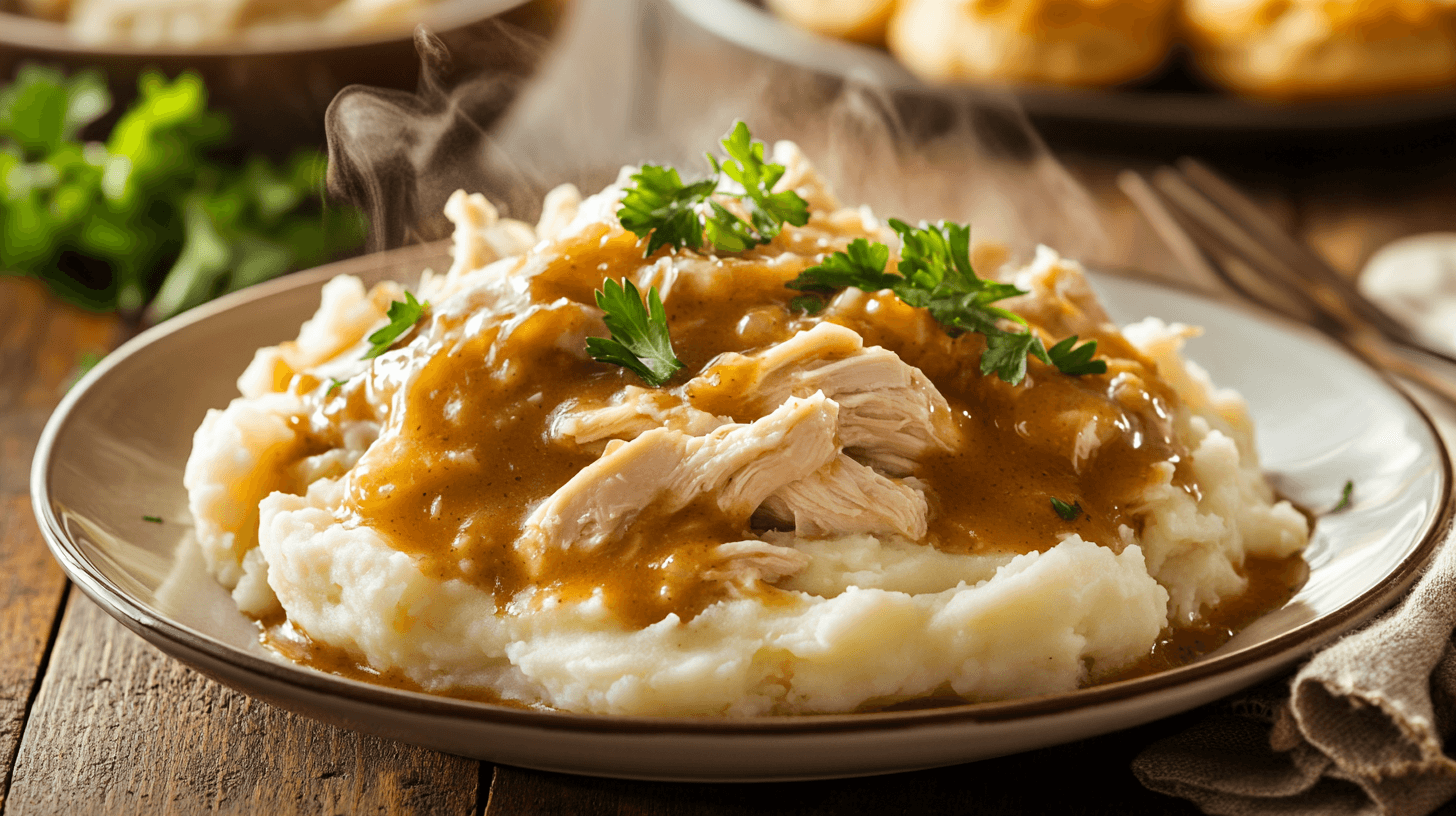 A plate of tender chicken with rich brown gravy over mashed potatoes, garnished with parsley.