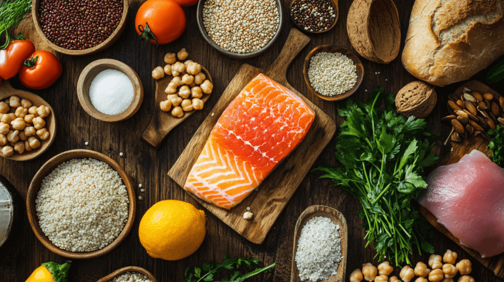 A beautifully arranged table featuring a variety of gluten-free meals, including grilled salmon, quinoa salad, tomato soup, fresh fruit, and rice and beans.