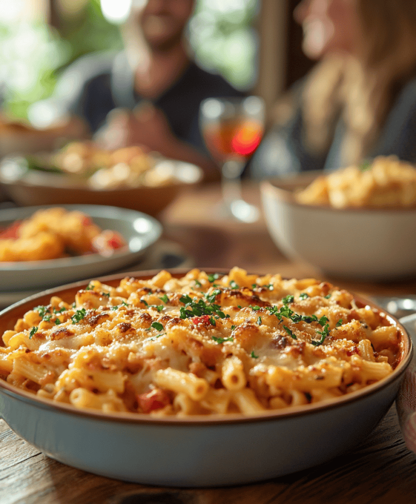 A dinner table with quick and easy Betty Crocker meals, including a cheesy one-pan pasta, baked casserole, and a bowl of soup.