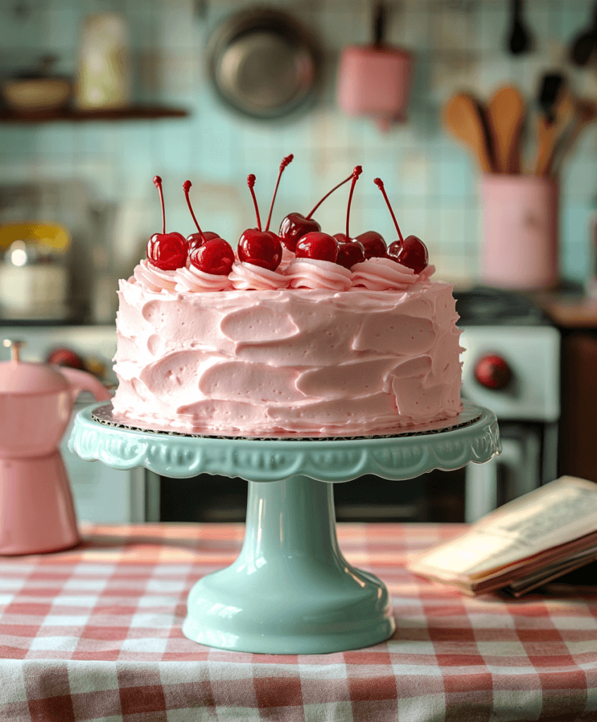 A vintage-style kitchen with a freshly baked Cherry Chip Cake on a pastel cake stand, decorated with pink frosting and cherries.