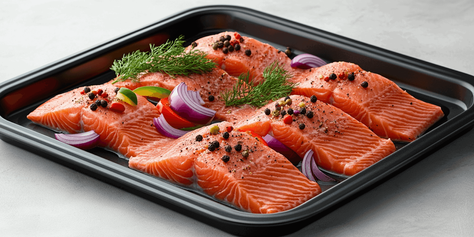 Three raw salmon fillets seasoned with colorful peppercorns, fresh dill, and red onion slices on a baking tray ready for the oven