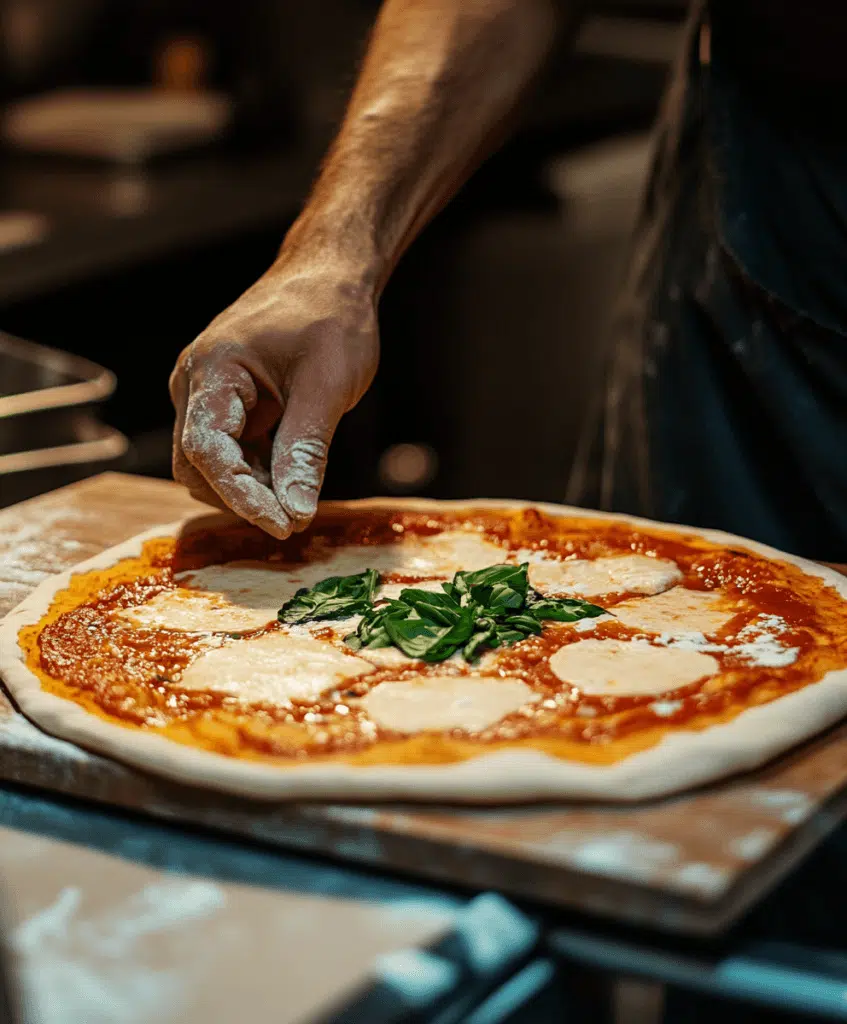 Margherita pizza with mozzarella and basil on wood board