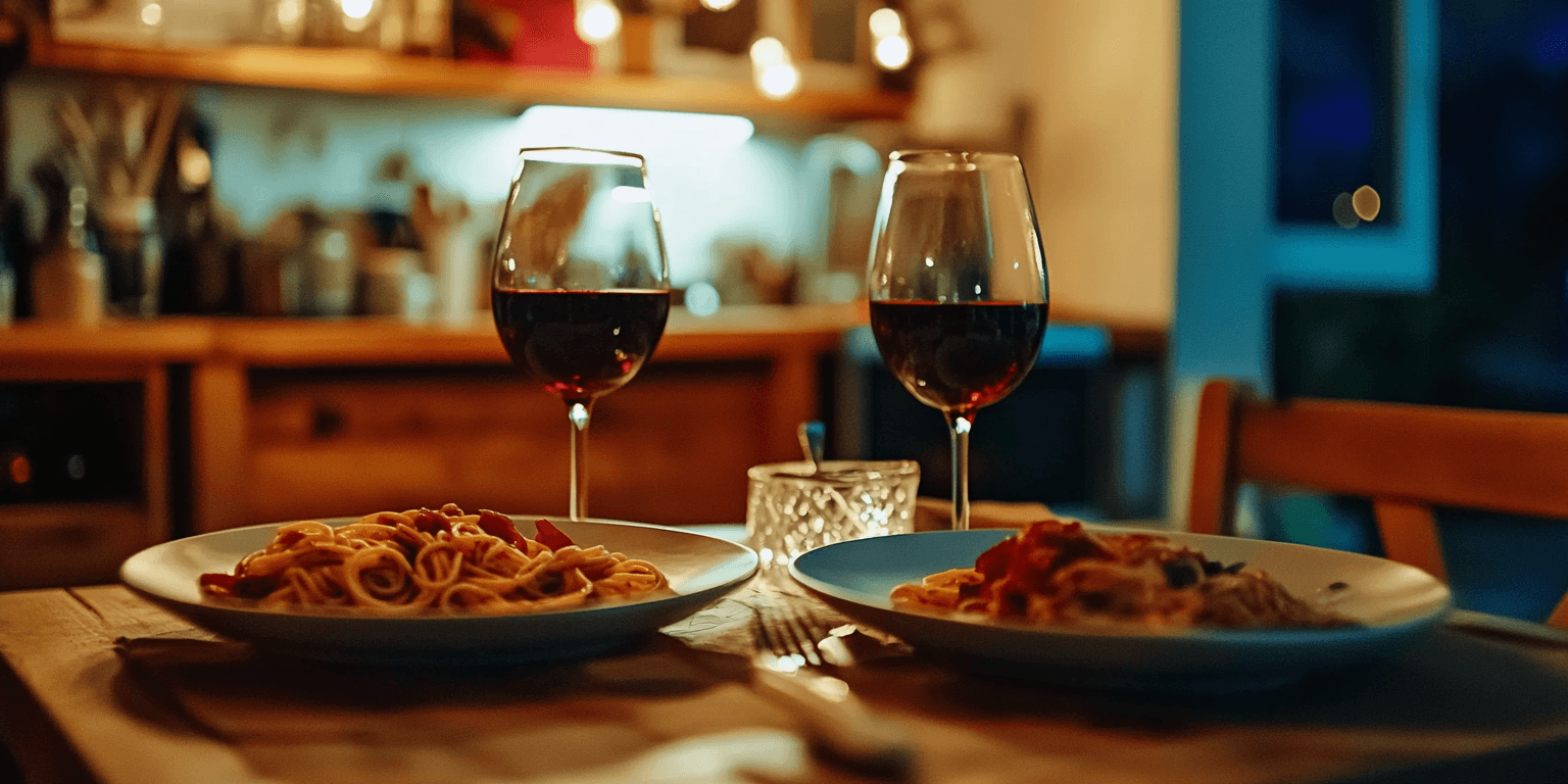cozy dinner table setup for two with pasta and wine
