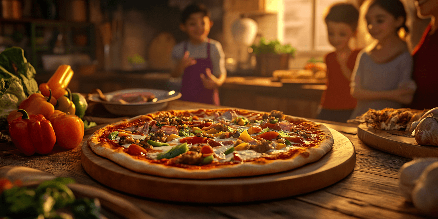 Family enjoying homemade sourdough pizza at a rustic kitchen table.