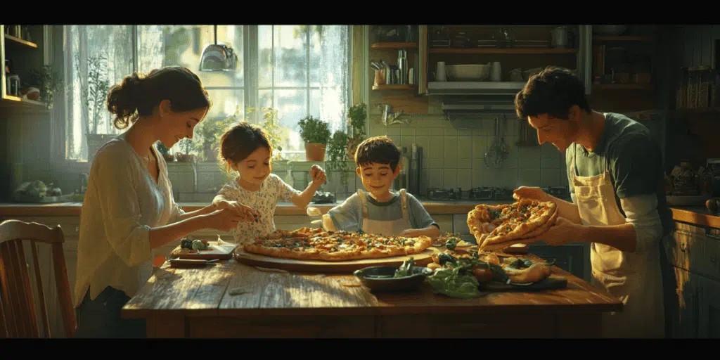 Family enjoying homemade sourdough pizza at a rustic kitchen table.