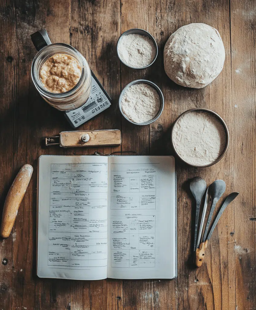 Flat lay of sourdough pizza-making essentials on a wooden counter.