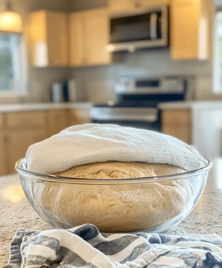 Dough in a glass bowl rising under cloth cover