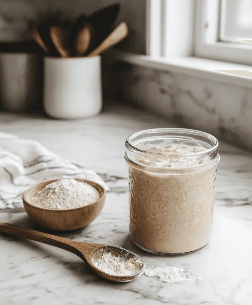 Bubbly sourdough starter in a jar beside a bowl of flour.