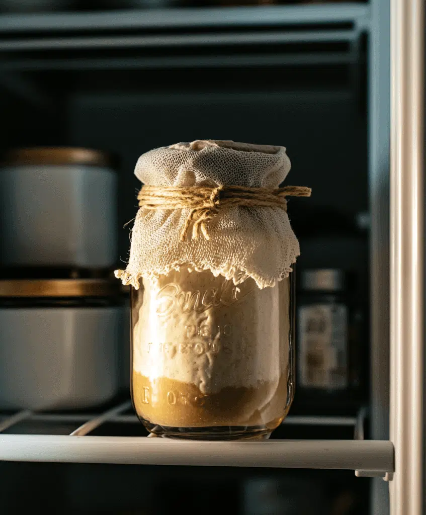 Sourdough starter jar in fridge, labeled and sealed.