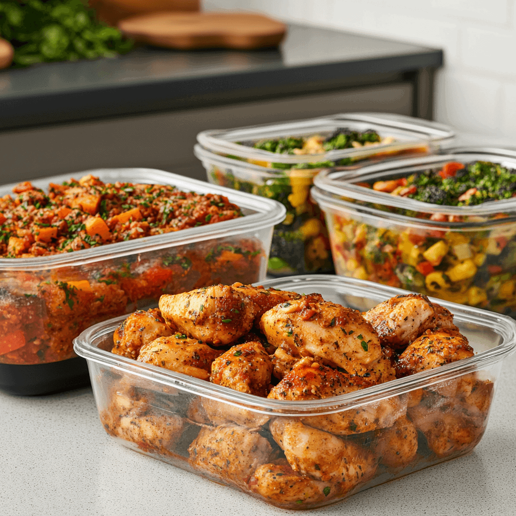 Chicken and gravy stored in labeled freezer-safe containers on a kitchen counter.