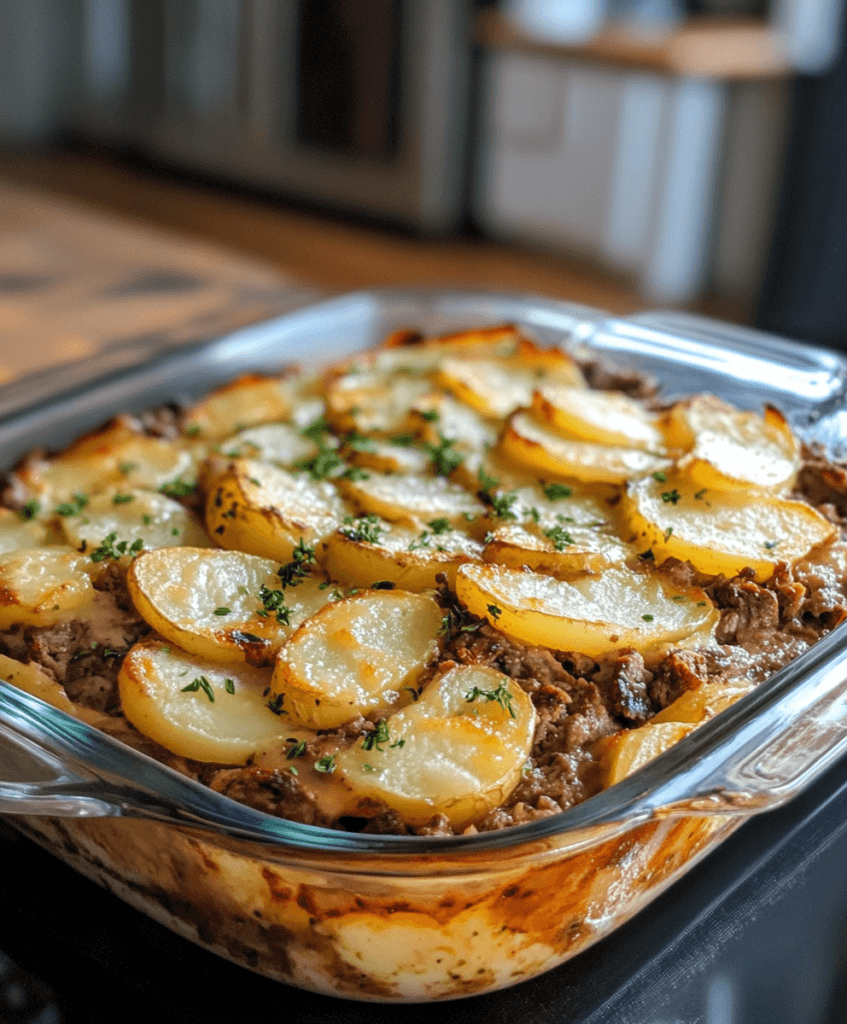 layering ground beef and potatoes in rustic casserole