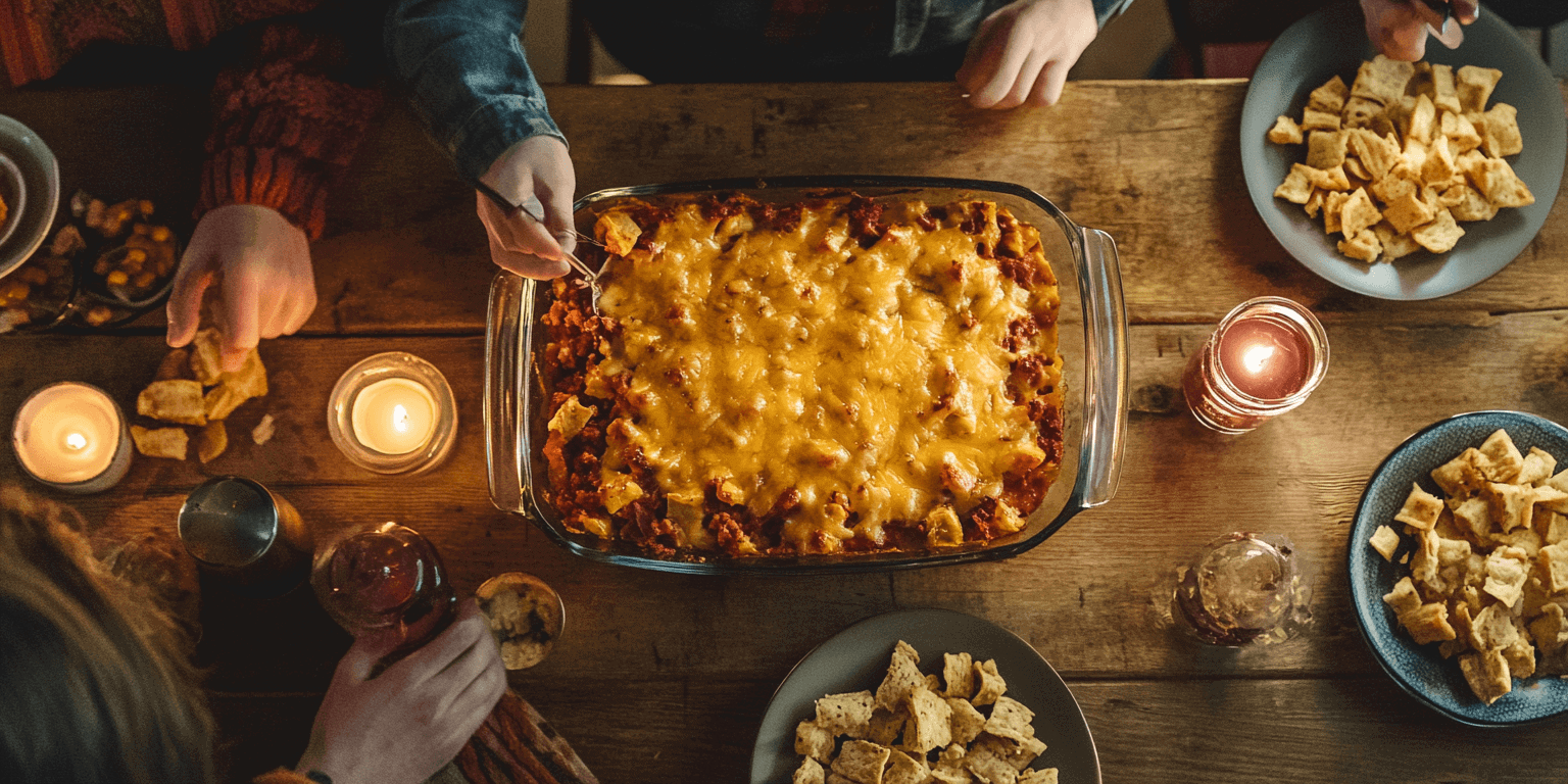 Mexican White Trash Casserole baked with cheddar cheese