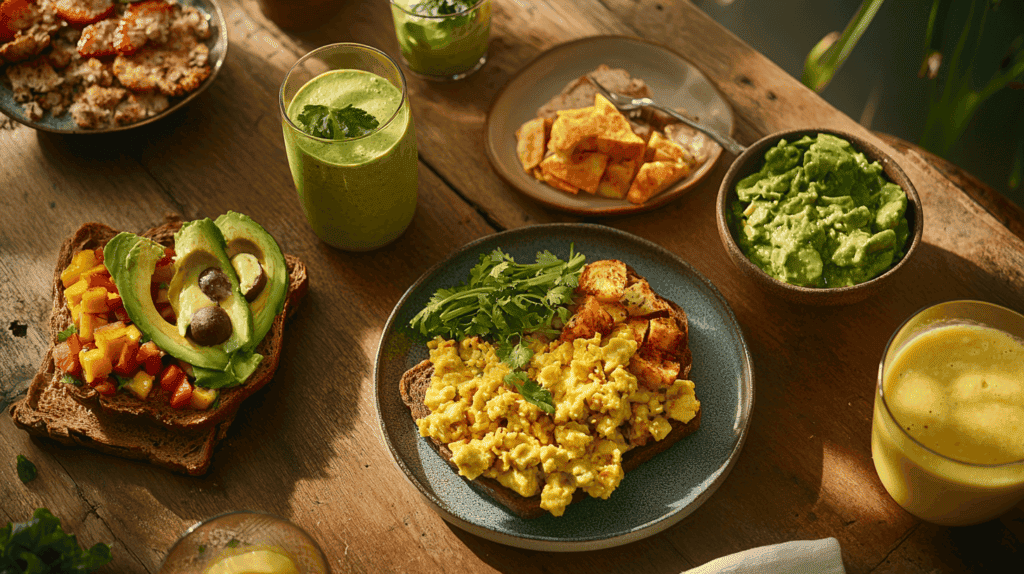 veggie breakfast ideas with avocado toast and tofu