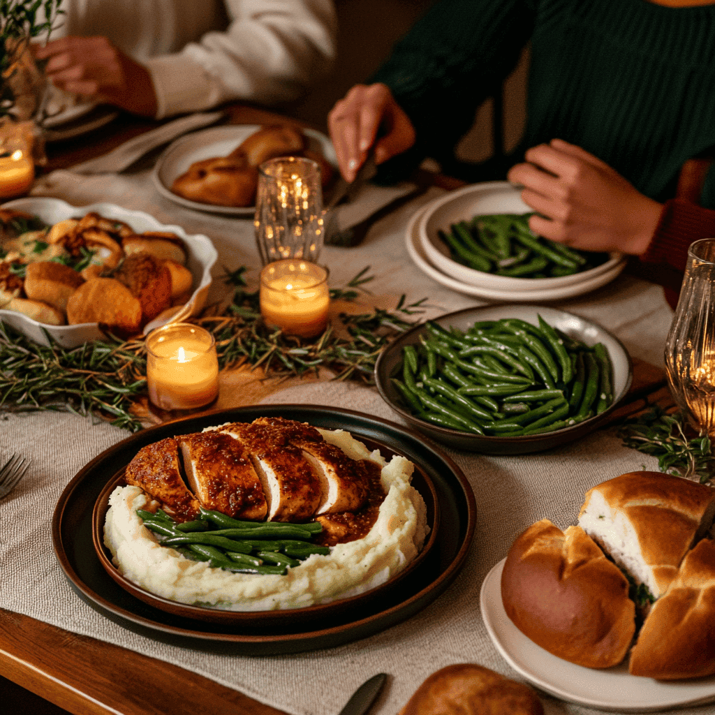 Chicken and gravy served on a family dinner table with sides of green beans and rolls.