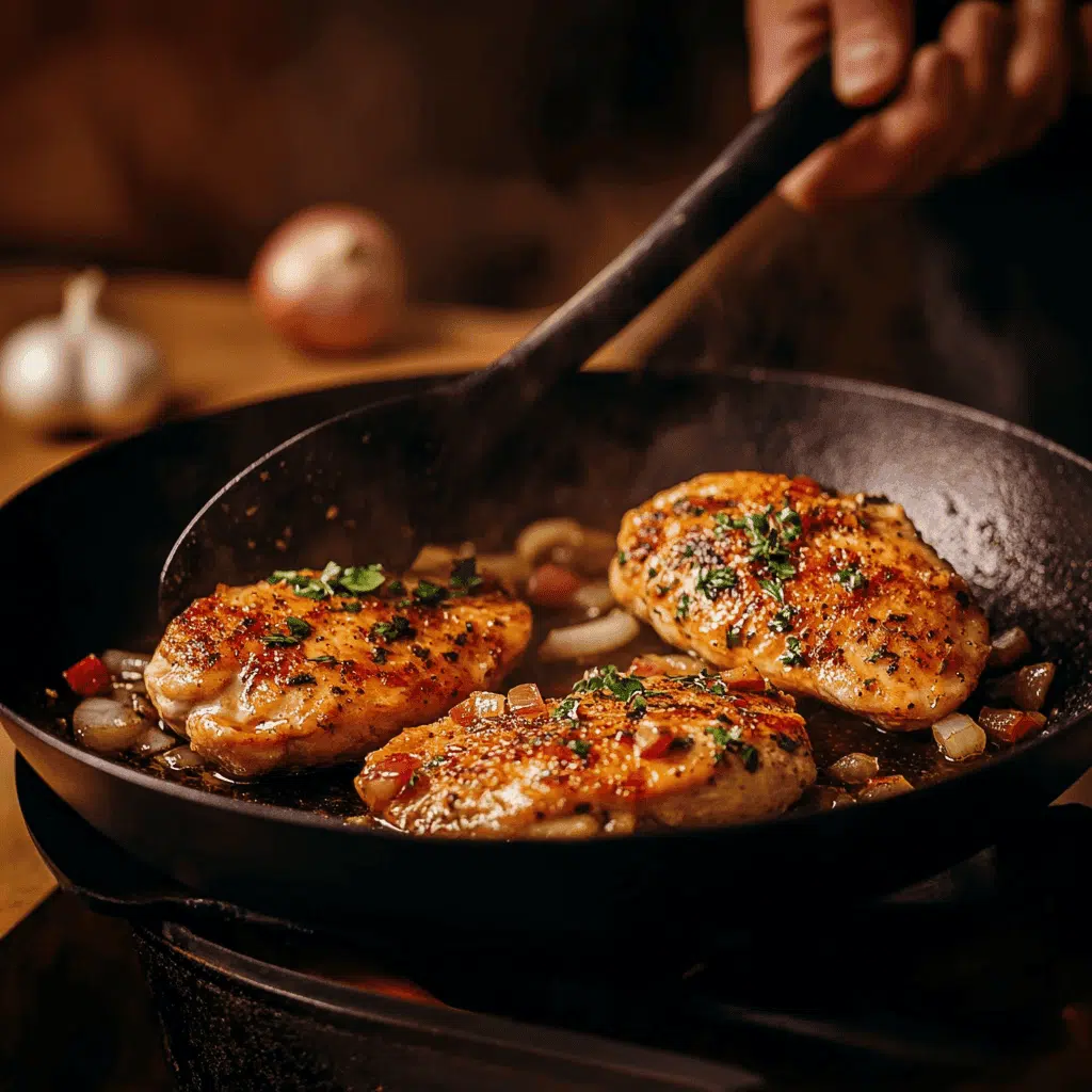 Golden seared chicken breasts cooking in a skillet with onions and garlic.