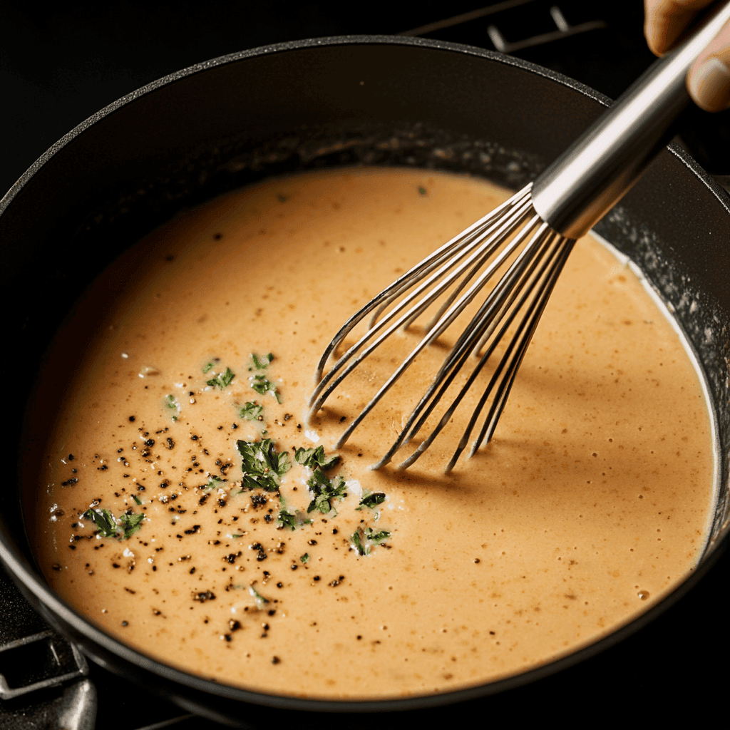 Homemade chicken gravy bubbling in a skillet with a whisk stirring in broth.
