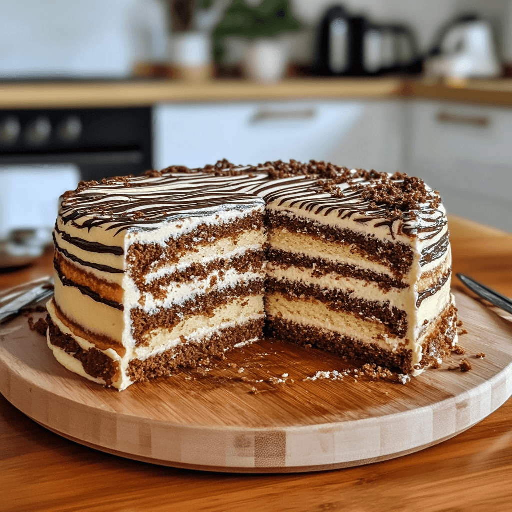 Sliced zebra cake showing striped vanilla and chocolate layers