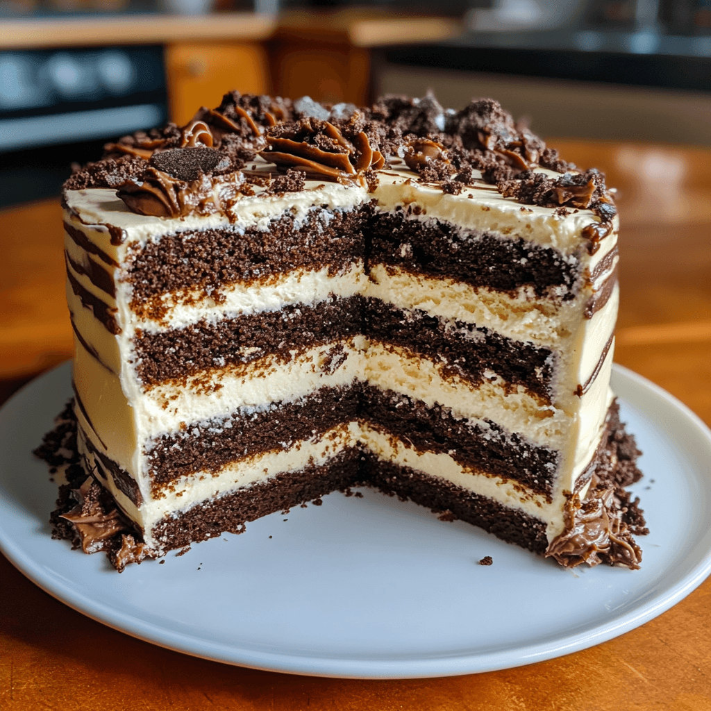 Sliced zebra cake showing striped vanilla and chocolate layers