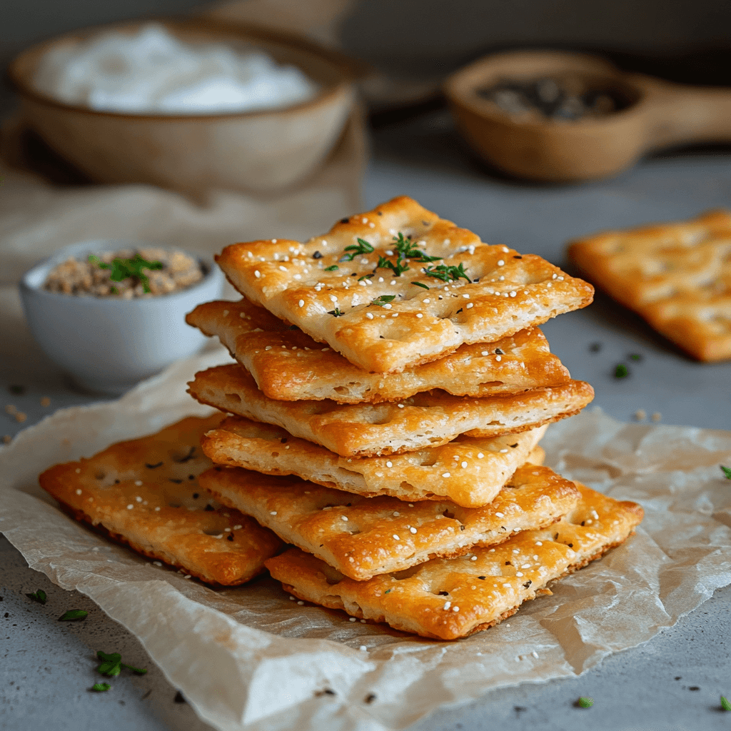 homemade cheese crackers stacked on parchment