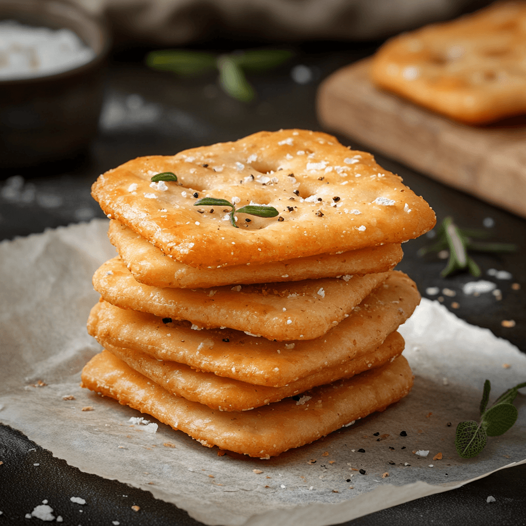 homemade cheese crackers stacked on parchment