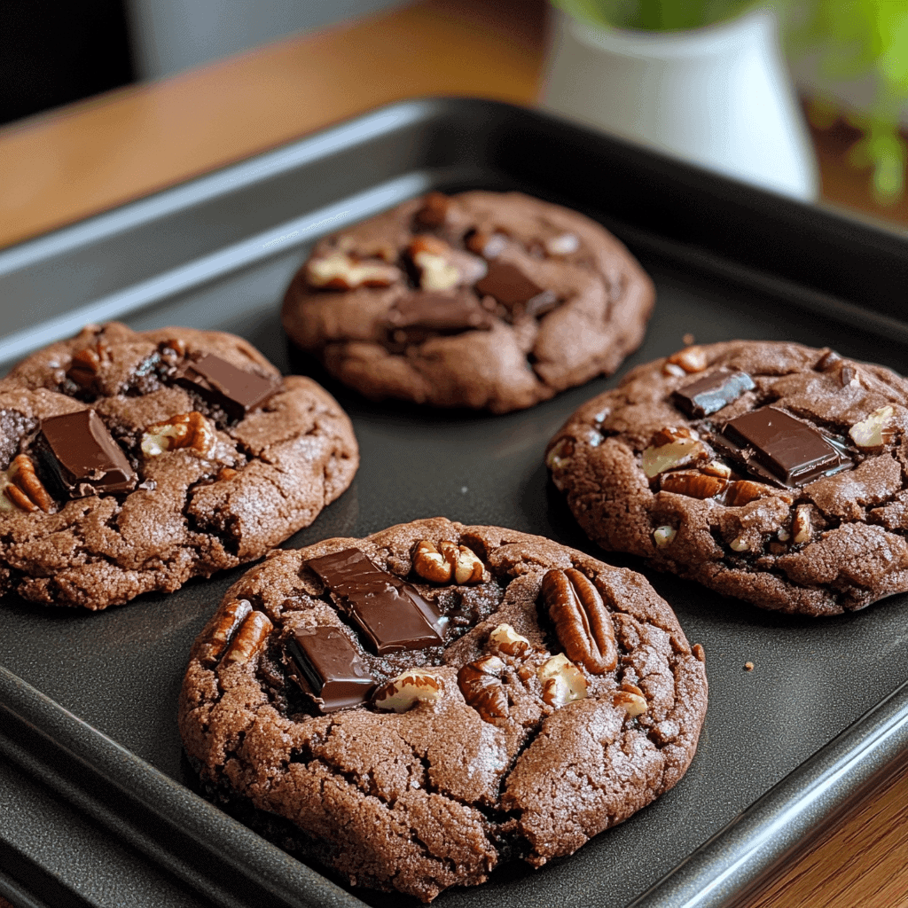 dark chocolate pecan cookies fresh from oven
