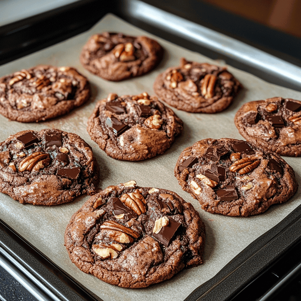 dark chocolate pecan cookies fresh from oven