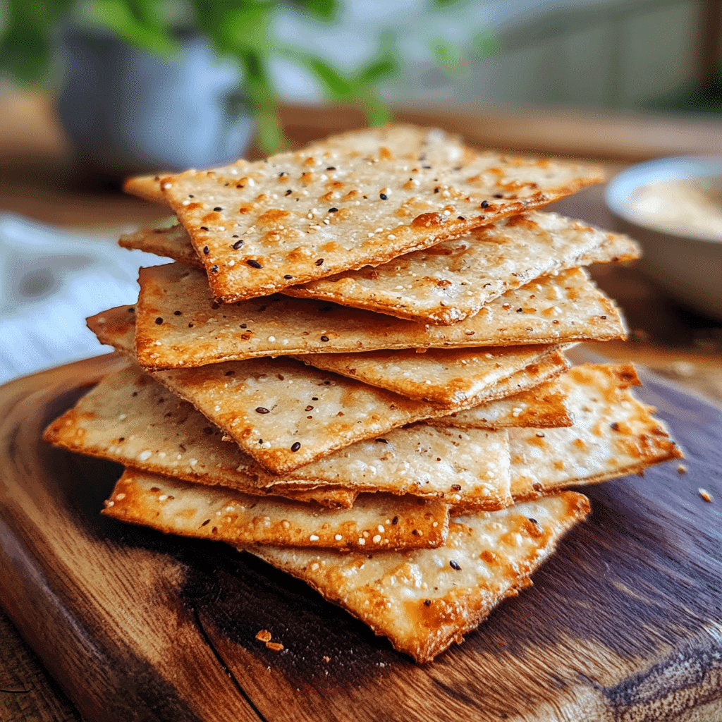 sourdough discard crackers stacked on a board