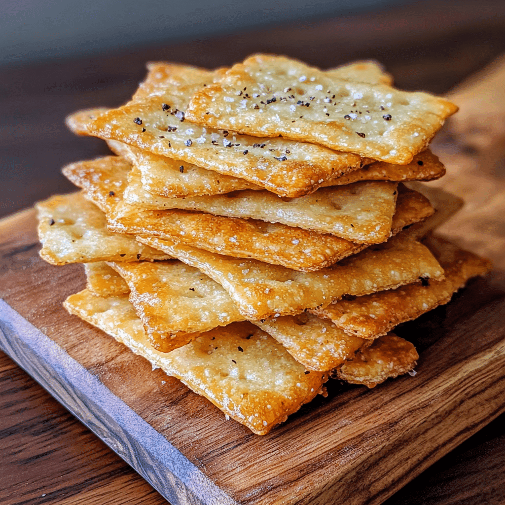sourdough discard crackers stacked on a board