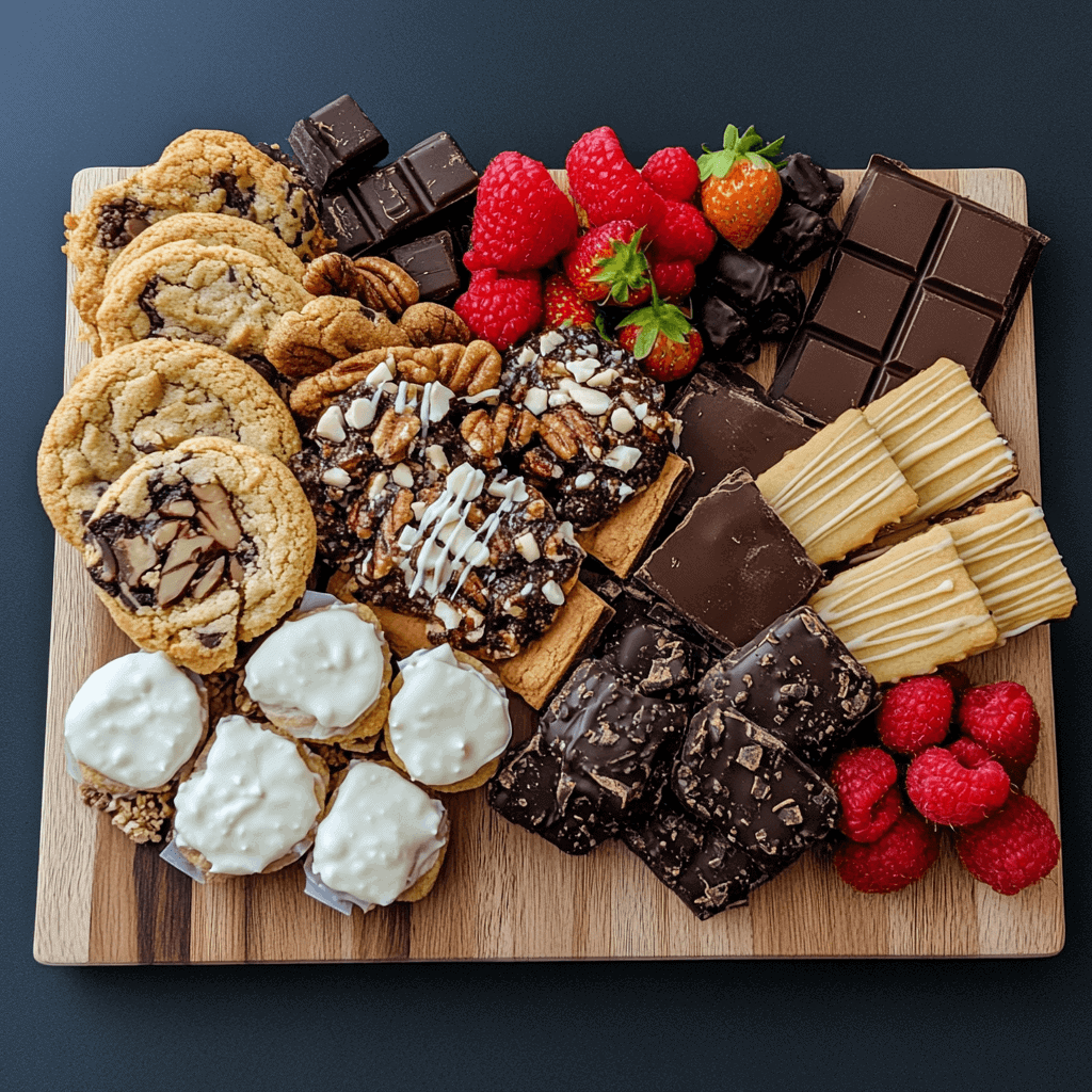 dessert board with dark chocolate pecan cookies