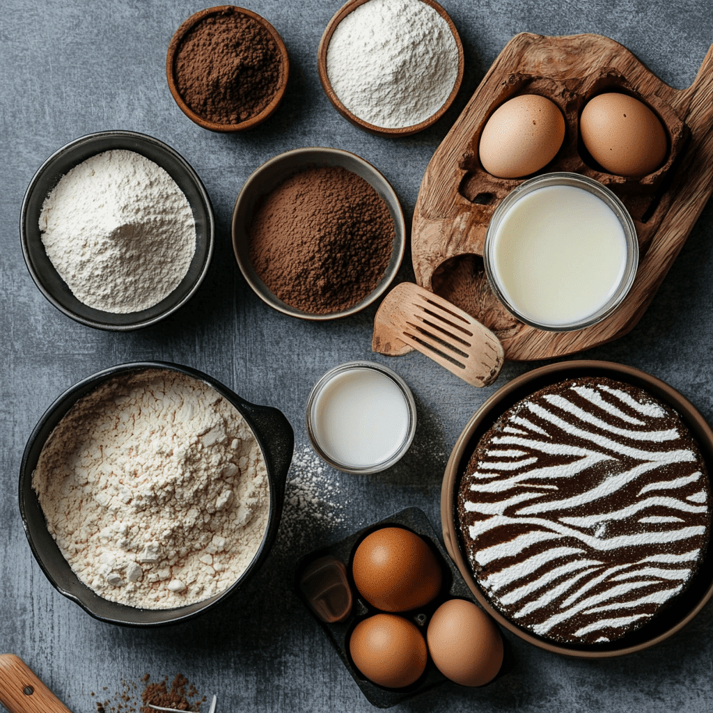Zebra cake ingredients on wooden surface