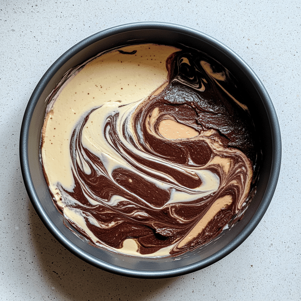 Batter being layered for zebra cake pattern