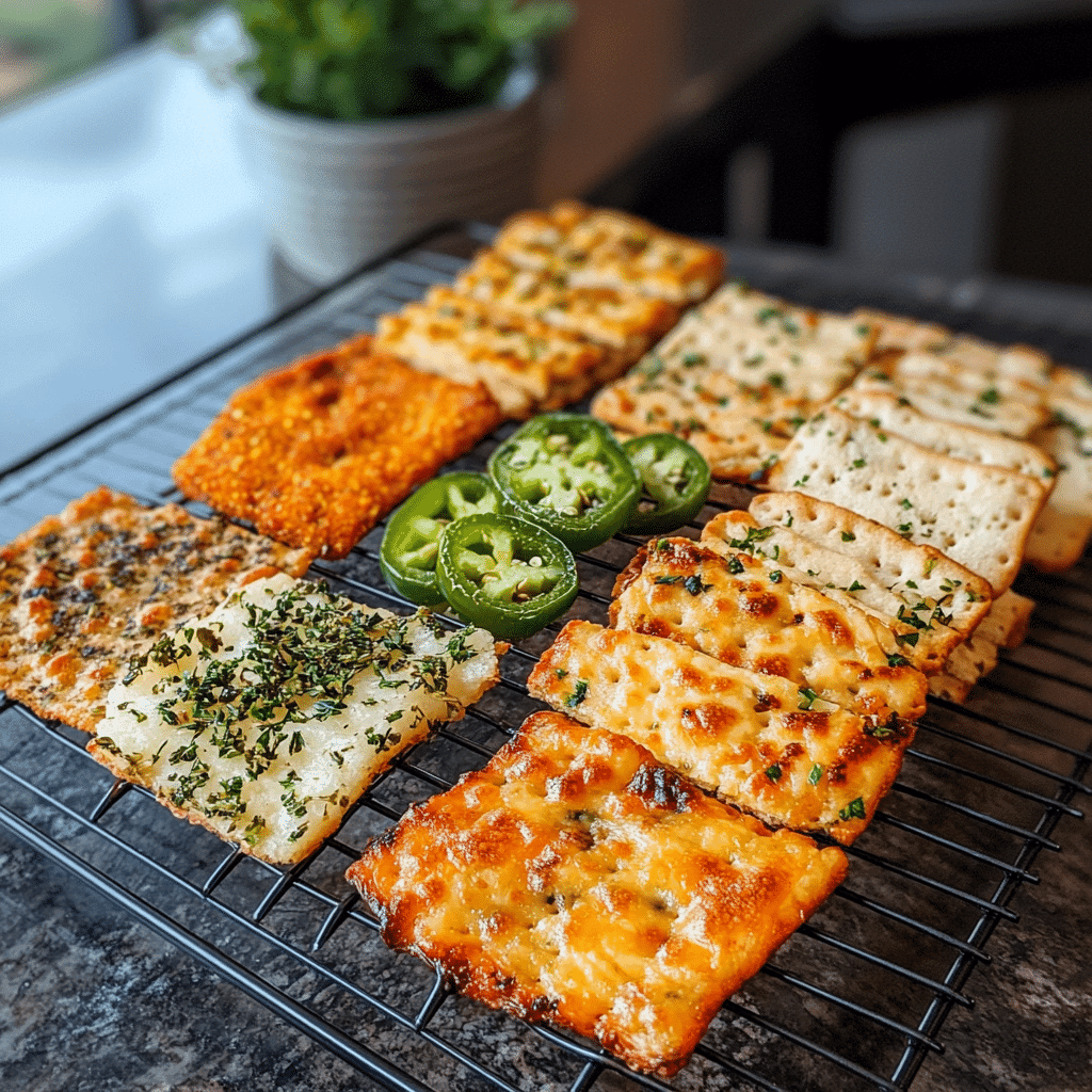 variety of homemade cheese crackers on cooling rack