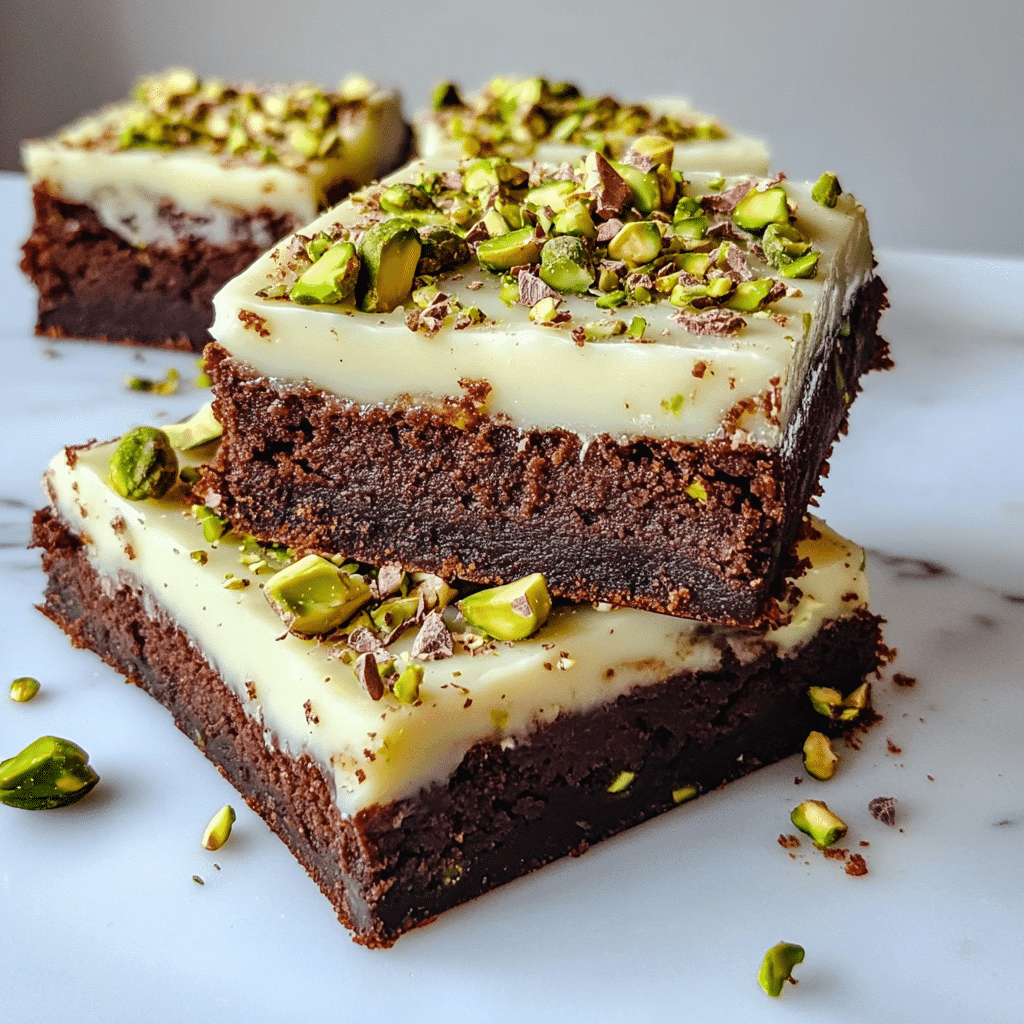 Rich fudgy pistachio brownies stacked on marble surface