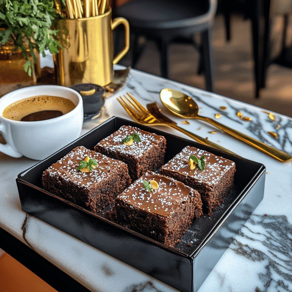 Dubai chocolate brownies in cafe with Arabic coffee