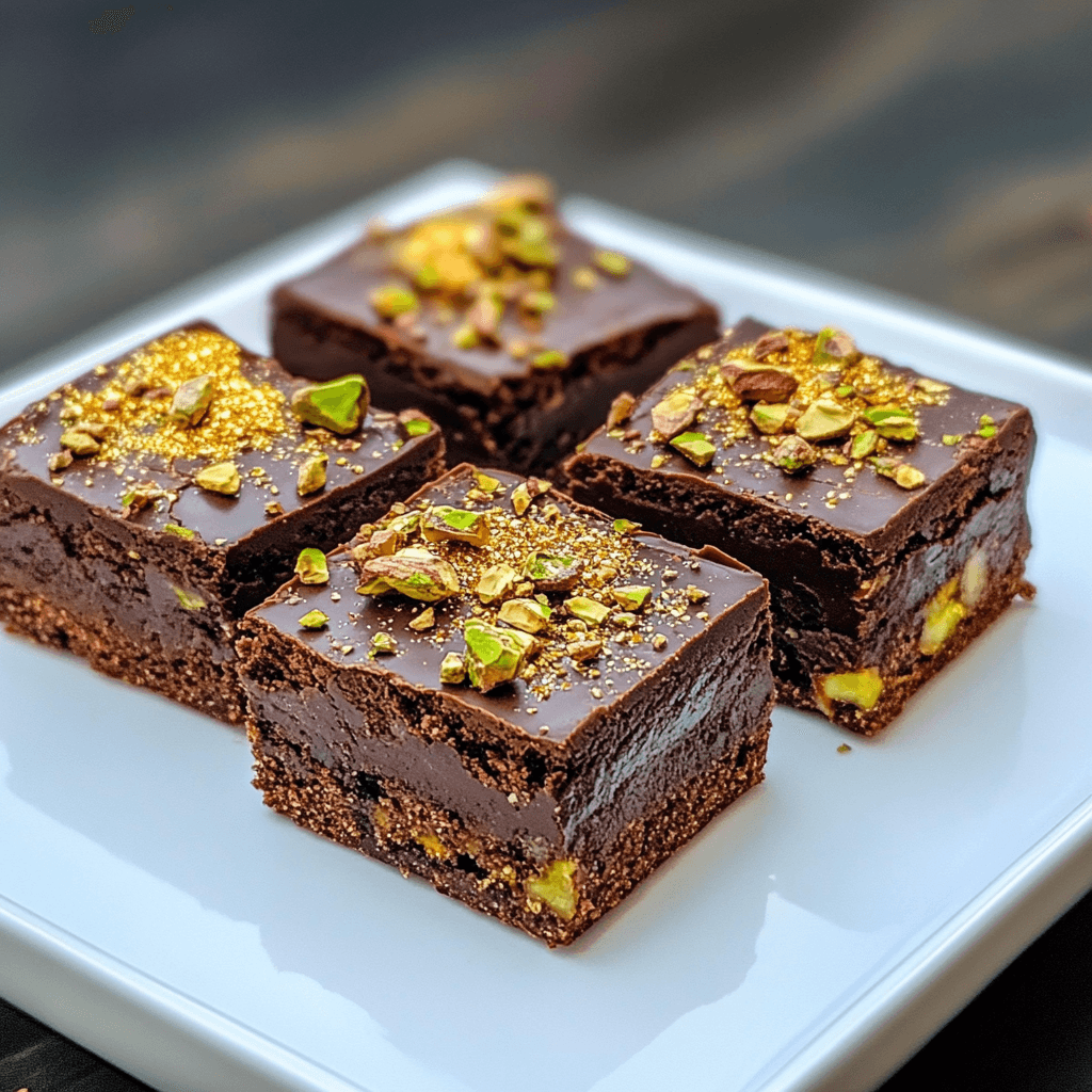 Luxurious Dubai chocolate brownies with gold and pistachio