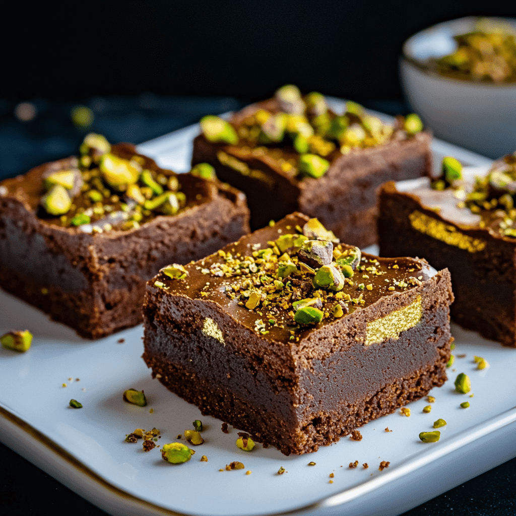 Luxurious Dubai chocolate brownies with gold and pistachio