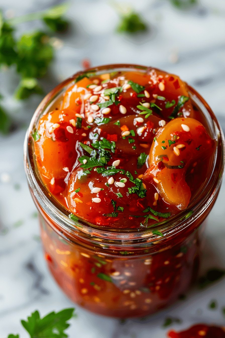 Pickled Garlic Spicy TikTok in jar with chili and sesame