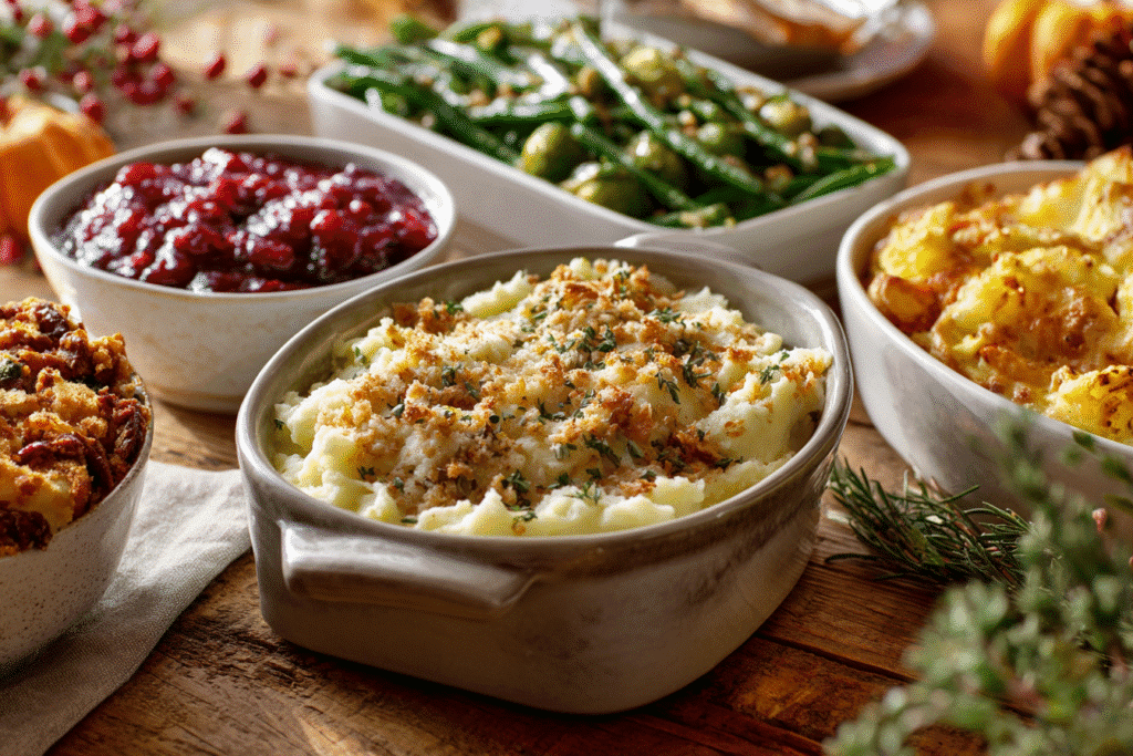 Thanksgiving dinner table set with casseroles, mashed potatoes, and cranberry sauce.
