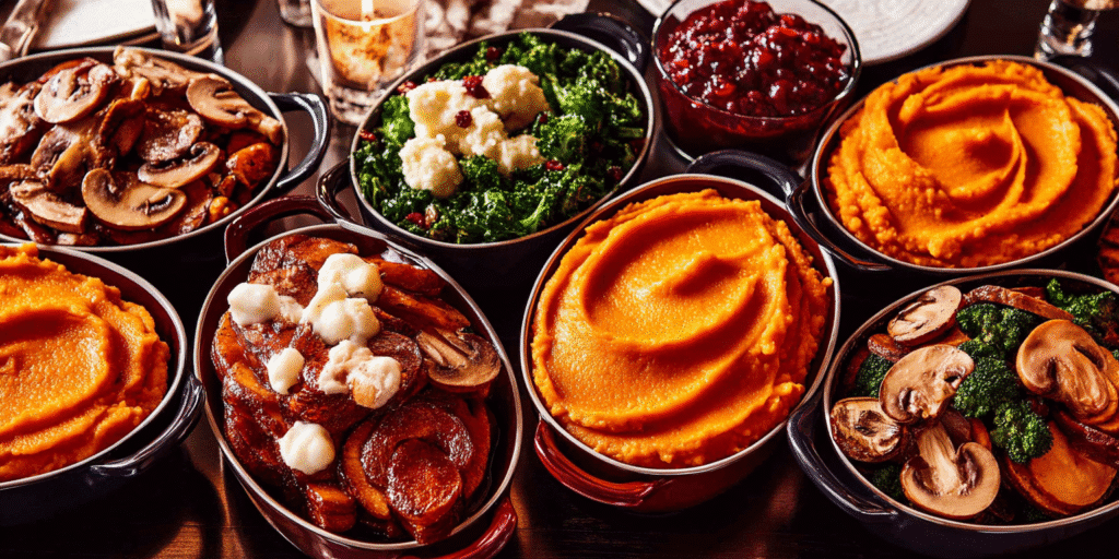 Make-ahead Thanksgiving side dishes on rustic table with casseroles and vegetables.