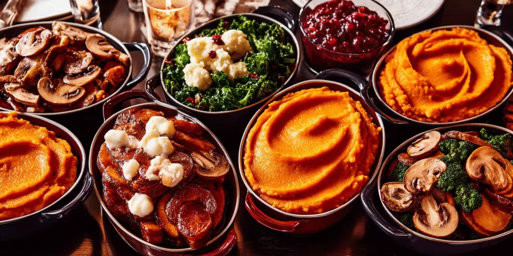 Make-ahead Thanksgiving side dishes on rustic table with casseroles and vegetables.