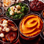 Make-ahead Thanksgiving side dishes on rustic table with casseroles and vegetables.