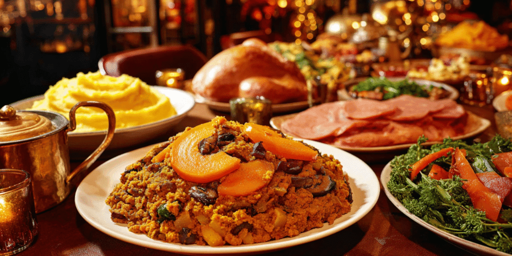 Make-ahead Thanksgiving side dishes on a cozy holiday table with mashed potatoes, casseroles, and vegetables.