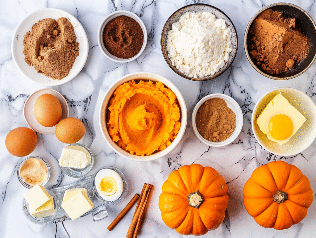 Pumpkin spice latte cookie ingredients arranged on marble counter including pumpkin puree flour eggs butter and spices